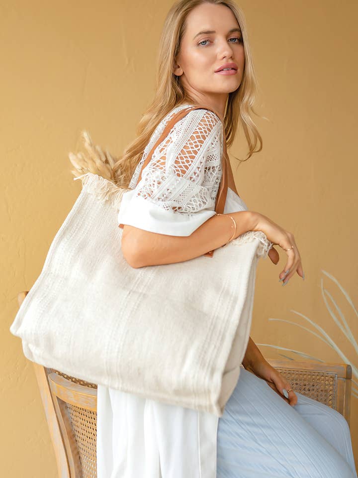 M2091 Madison Handwoven Fringe Tote for wholesale by Jen & Co.