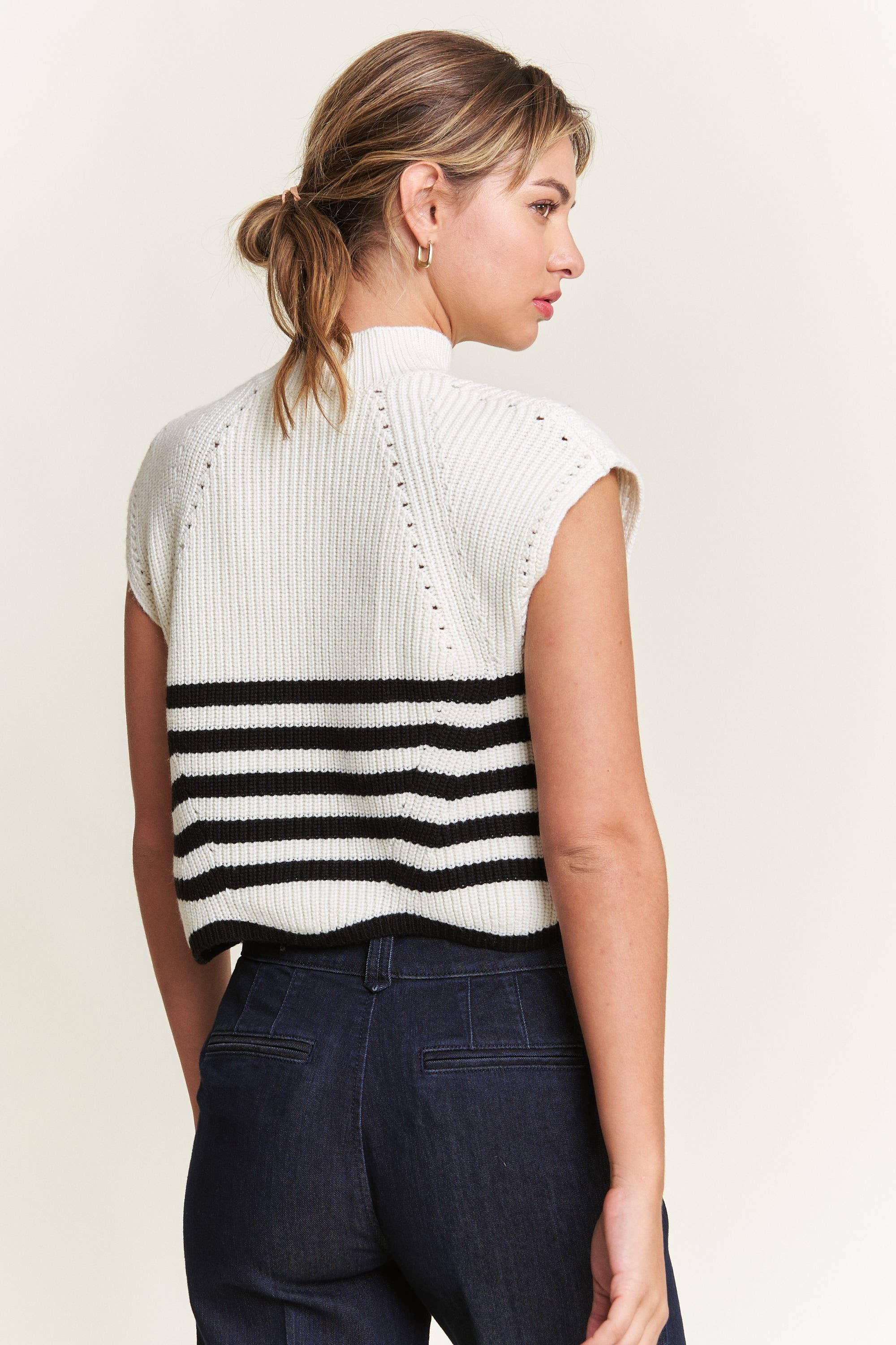 In The Beginning - Vente Pull en maille – femme - Pull sans manches à col roulé bleu marine/ivoire10