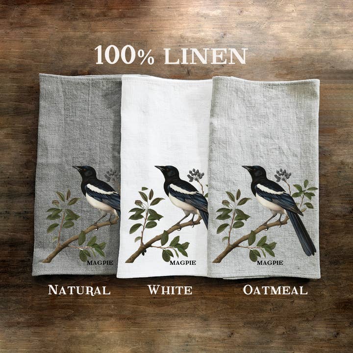 Magpie Print - 100% linne kökshandduk Fauna & Flora Birds för wholesale av NorraVilla