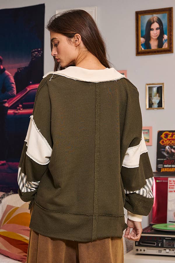 BUCKETLIST INC - Wholesale Knit Top - Women's - T2004 French Terry Knit Color-block Collared Loose Fit Top20