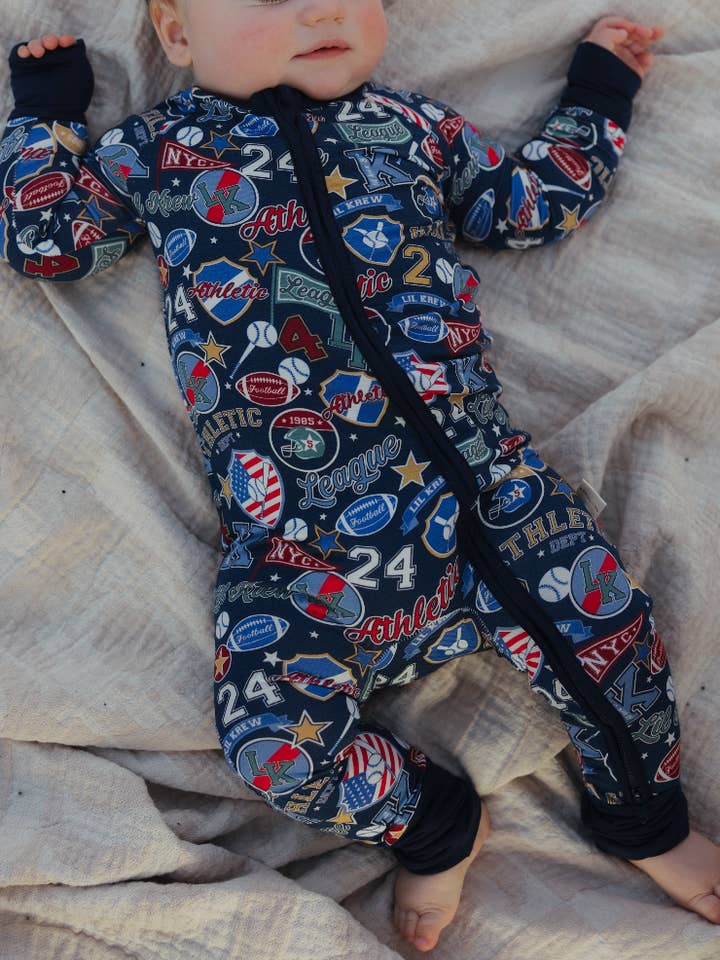 Lil Krew & Co - Wholesale Sleepsuit - Baby - Varsity Blues Bamboo Zip Pajamas1