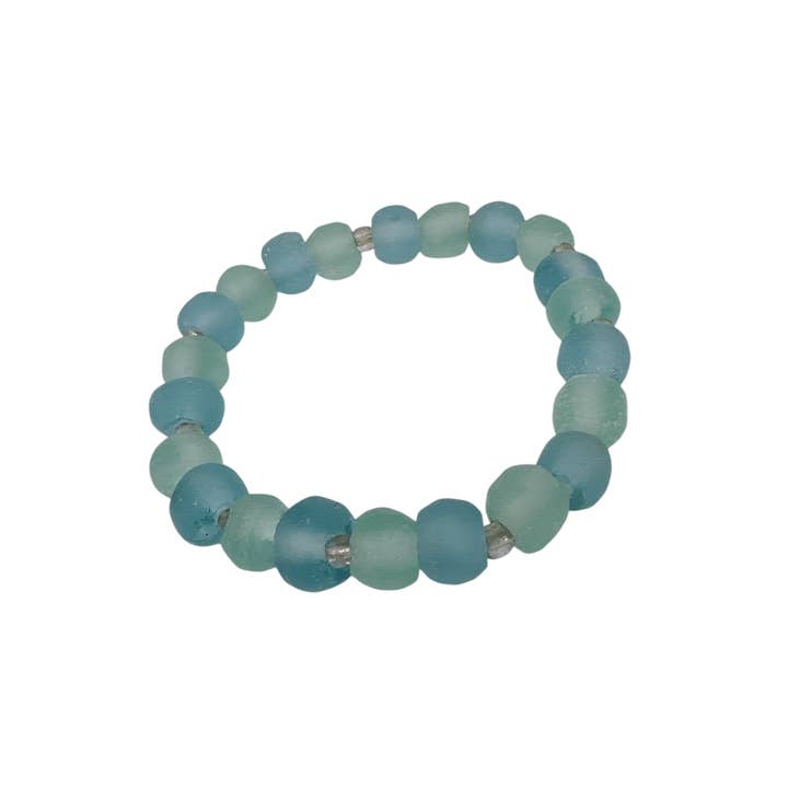 Maka Imports - Wholesale Beaded Bracelet - Recycled Sea Beach Glass Bead Stretch Bracelet Seafoam Mix