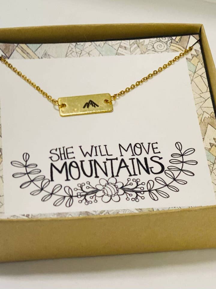 She will move mountains necklace, Team gift, Encouragement jewelry, Mountain jewelry, Inspirational gift, Graduation gifts, Positive quotes for wholesale by Little Happies Co