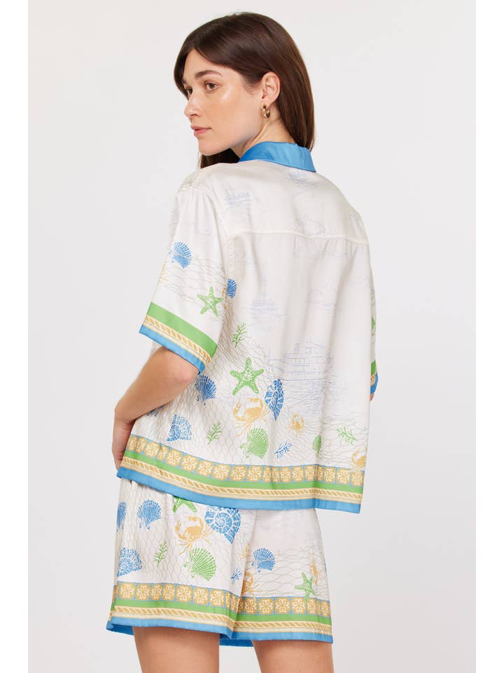 Blue Mlt Bordered Coastal Print Button Front Top for wholesale on Faire