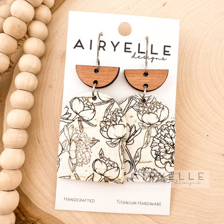 Peony Dreams Cork + Leather Wood Arch Earrings for wholesale by Airyelle Designs