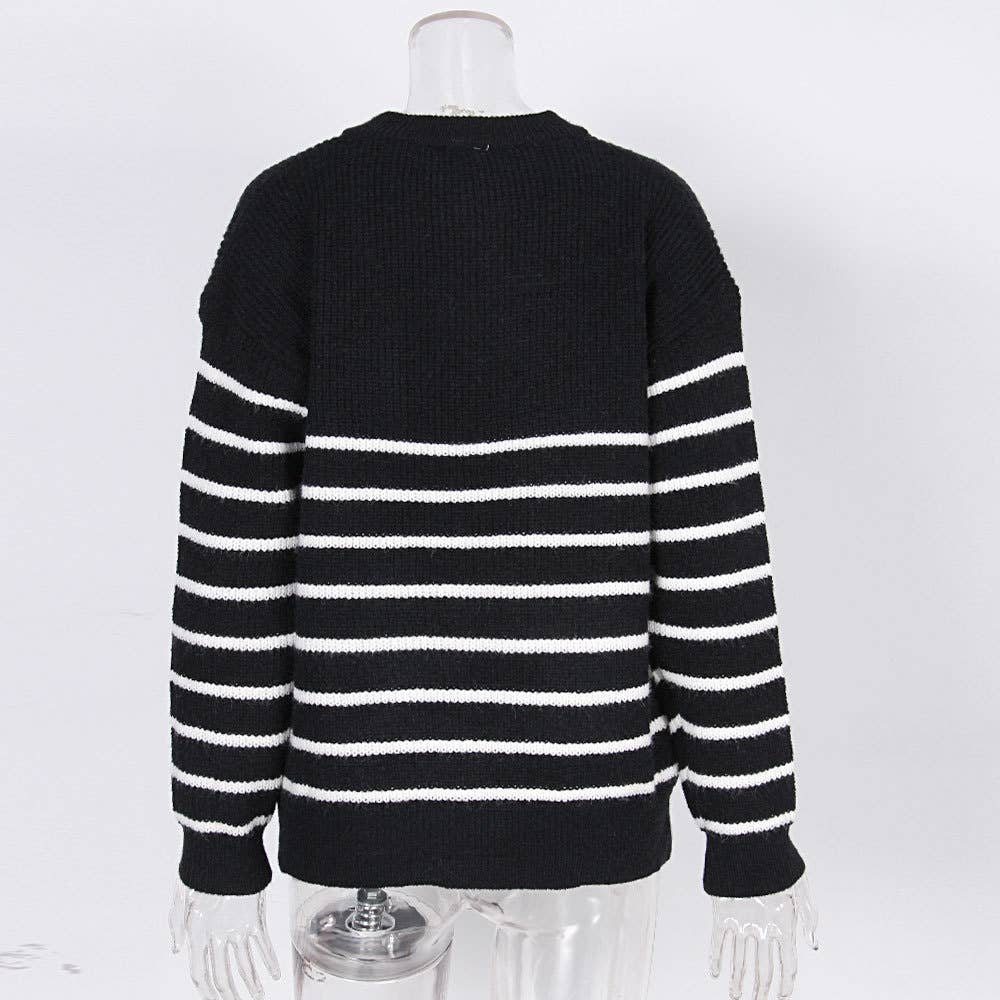 HIDDENBRAND - Wholesale Knit Sweater - Women's - High-Necked Striped Color-Blocked Zip-Up Sweater4