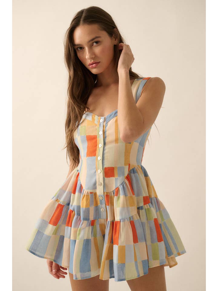 BLUE BUTTER Multicolor Check-Print Ruffled Romper Dress for wholesale on Faire