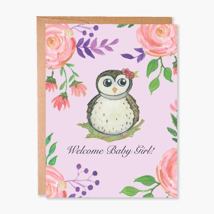 Tarjeta bebé búho - Woodland New Baby Card para venta al por mayor de ColorOnTheCrib Inc.