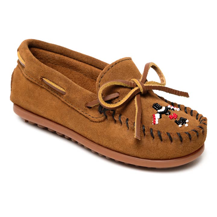Native Designed Suede Beaded Kid's Moccasin Shoe for wholesale by Minnetonka