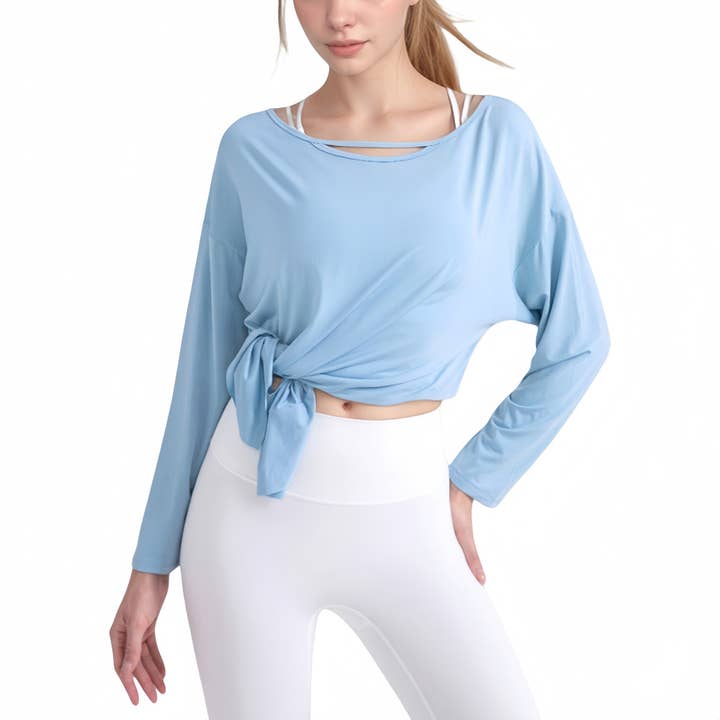 Long Sleeve Pullover Top with Cutout Scoop Neck and Side Sli for wholesale by Active by Anna-Kaci