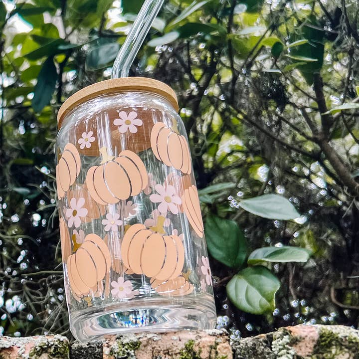 Pastel Pumpkin Iced Coffee Glass INCLUDING Lid & Straw for wholesale by Love Her Work