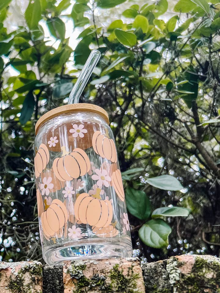 Pastel Pumpkin Iced Coffee Glass INCLUDING Lid & Straw for wholesale by Love Her Work