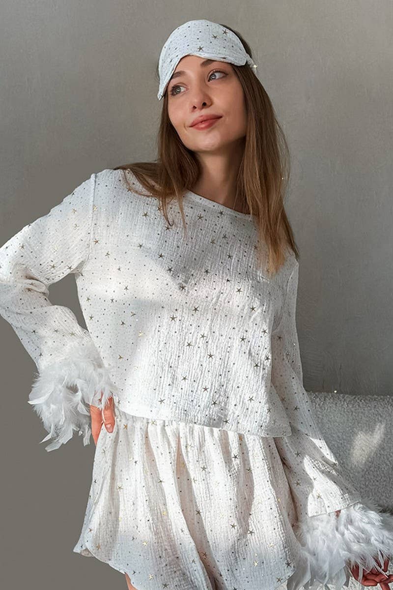 BLANC CWSPJ0311_PYJAMA COURT À MANCHES LONGUES EN COTON PUR AVEC PLUMES en vente sur Faire