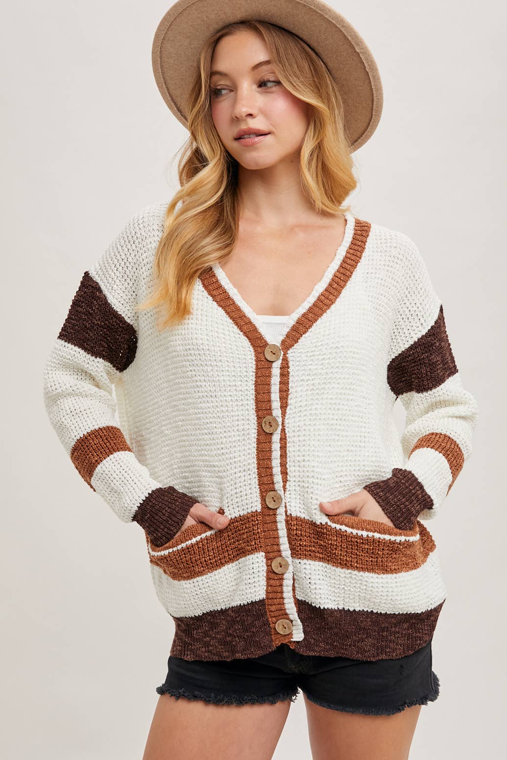 Bluivy - Wholesale Cardigan - Women's - COLOR BLOCK BUTTON DOWN KNIT SWEATER CARDIGAN2