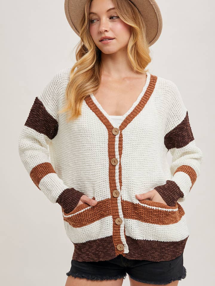 Bluivy - Wholesale Cardigan - Women's - COLOR BLOCK BUTTON DOWN KNIT SWEATER CARDIGAN2