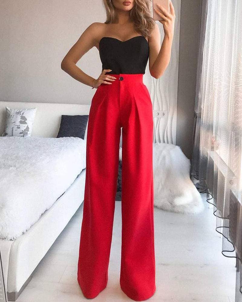 ROUGE pantalon large taille haute à bouton unique en vente sur Faire0