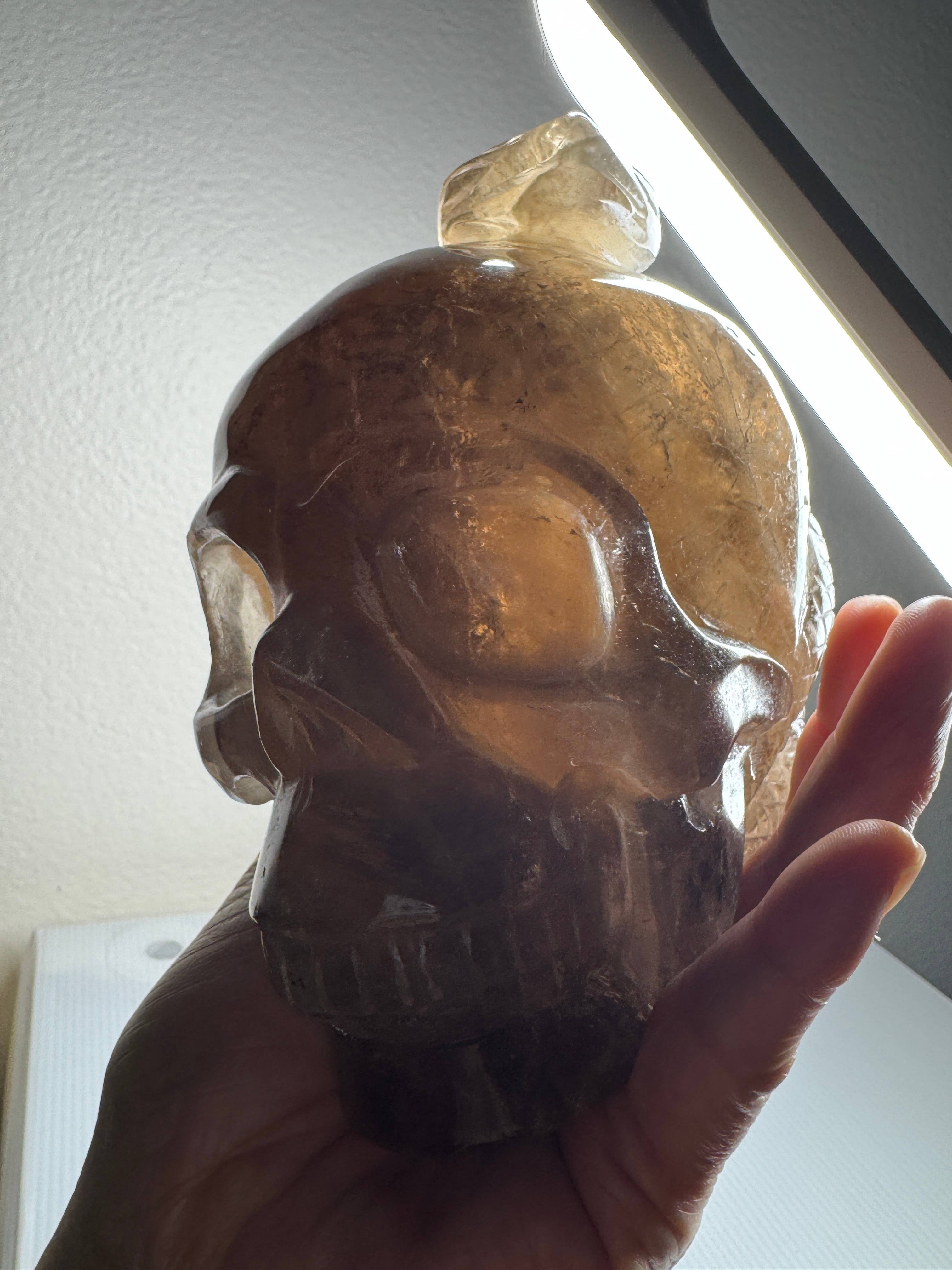 The 7 Directions - Wholesale Spiritual Stone/Crystal - 3.9 lb Unique Smoky skull w/ snake carving H3612