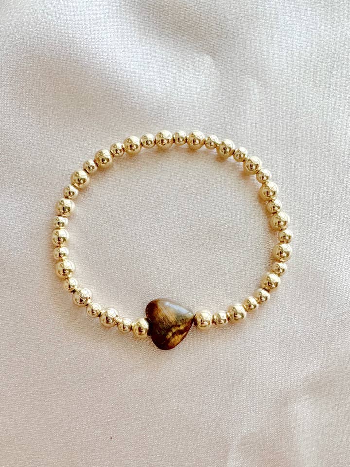 Pulsera de Cuentas de Ojo de Tigre en Forma de Corazón Relleno de Oro para venta al por mayor de Hello Heather