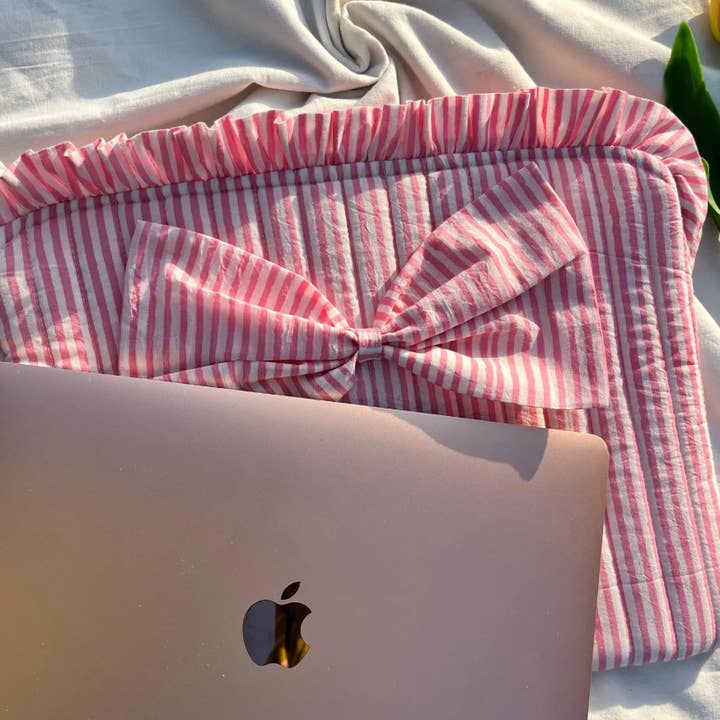 Two Way Street - Wholesale Laptop/Tablet Case - Women's - Pink & Blue Hand Printed Laptop Sleeve with Ruffles 3