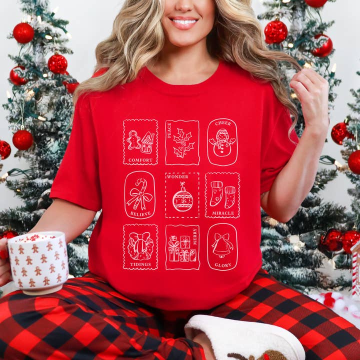 Scripted Pearl - Wholesale Screen Printed T-Shirt - Women's - Christmas Stamps Comfort Colors Holiday Graphic T Shirt1