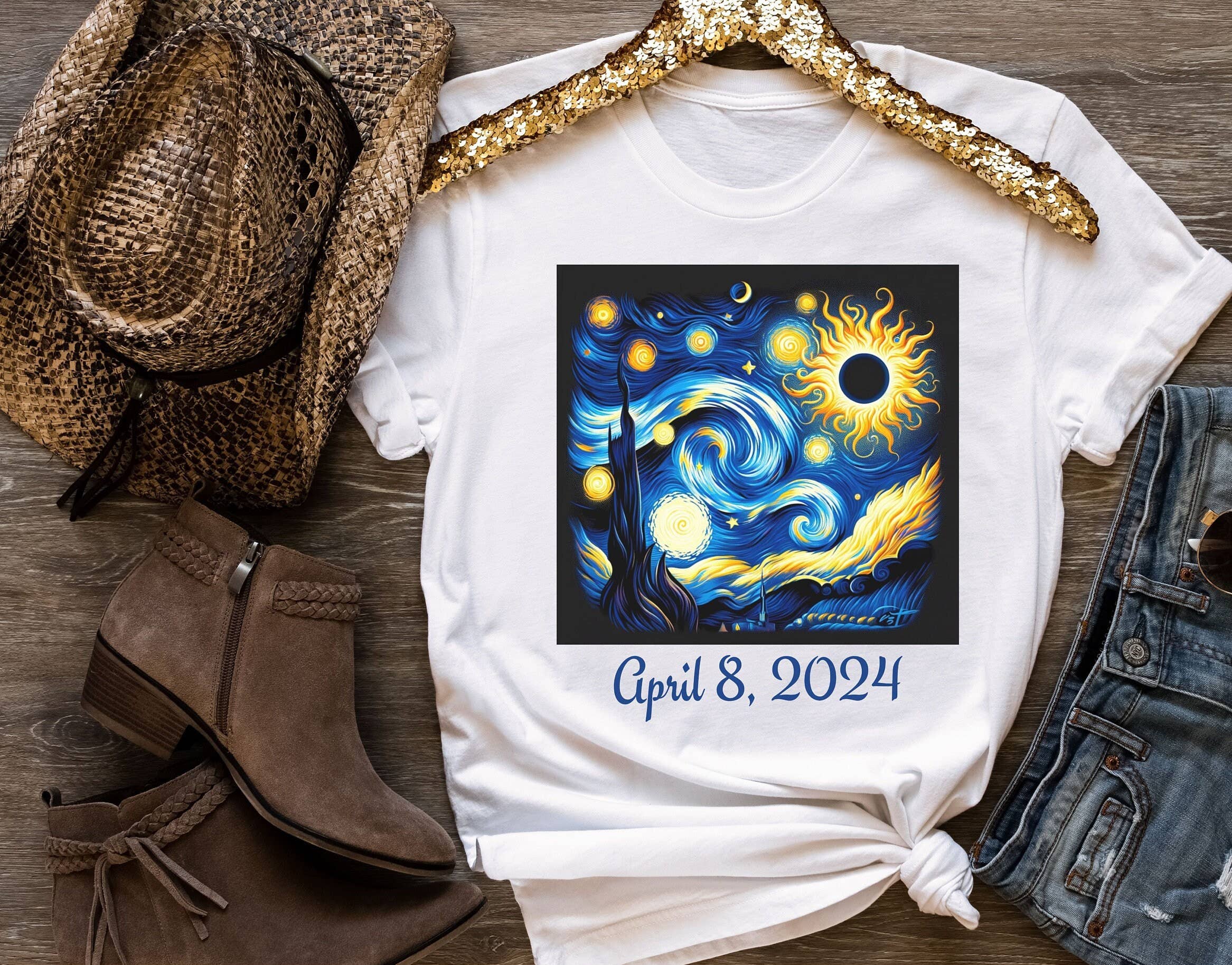 SONDO DESIGN LTD – wholesale T-shirt (graphic) – women's – Eclipse 2024 Shirt, Van Gogh Solar Eclipse 2024 Shirt0