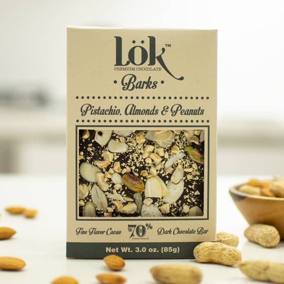 Pistachio Almonds and Peanuts Chocolate Bark for wholesale by Lök Foods