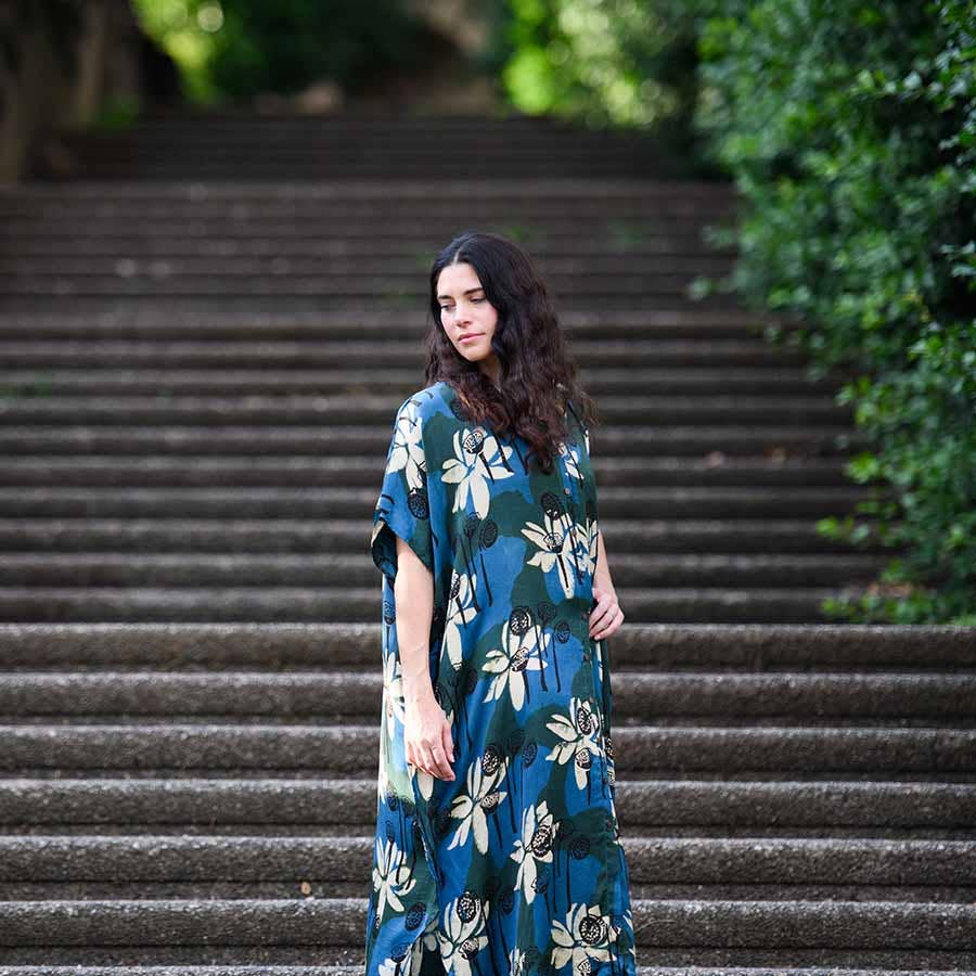 Ichcha - Wholesale Dress - Women's - Block Print Dress Indigo Soft Luxurious Kaftan - WHITE LOTUS1