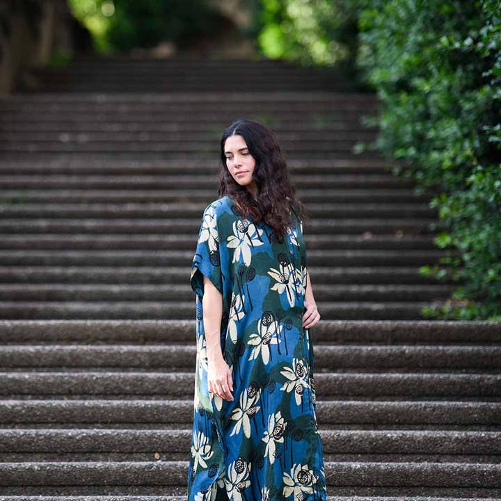 Ichcha - Vendita all'ingrosso Vestito - Donna - Abito a stampa blocchi indaco morbido e lussuoso caftano - WHITE LOTUS1