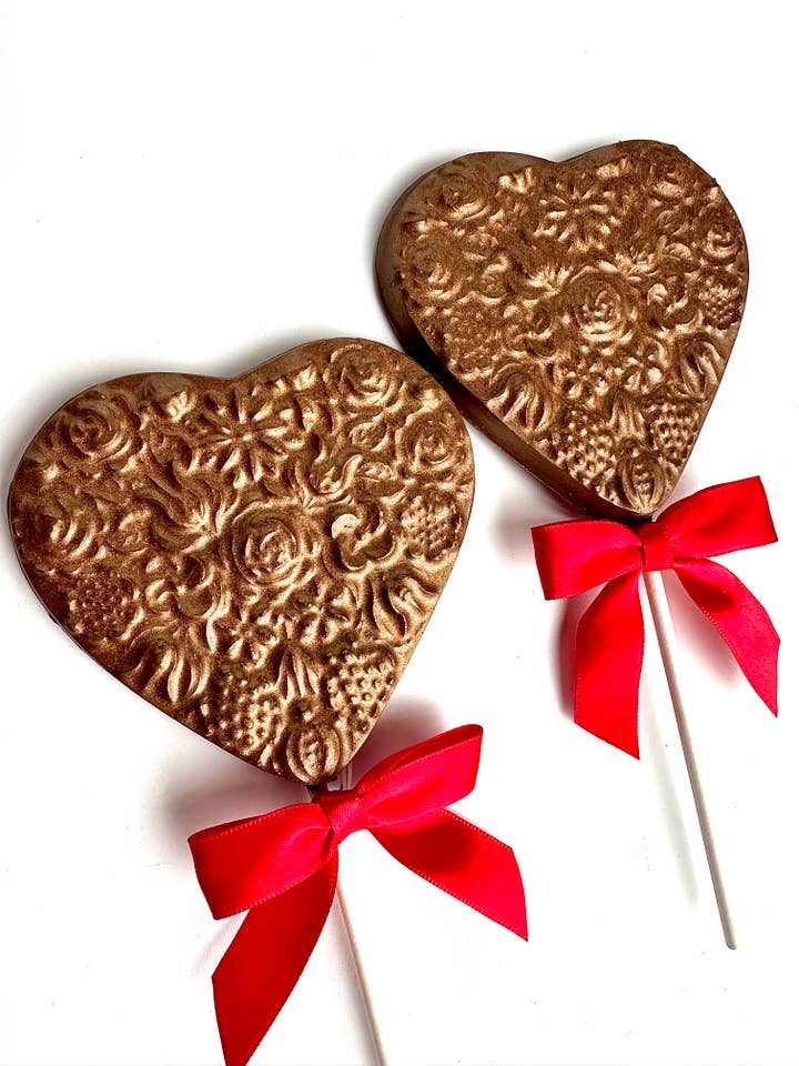 Large Heart Shaped Gold Milk Chocolate Lollipops for wholesale by Delightful Chocolates