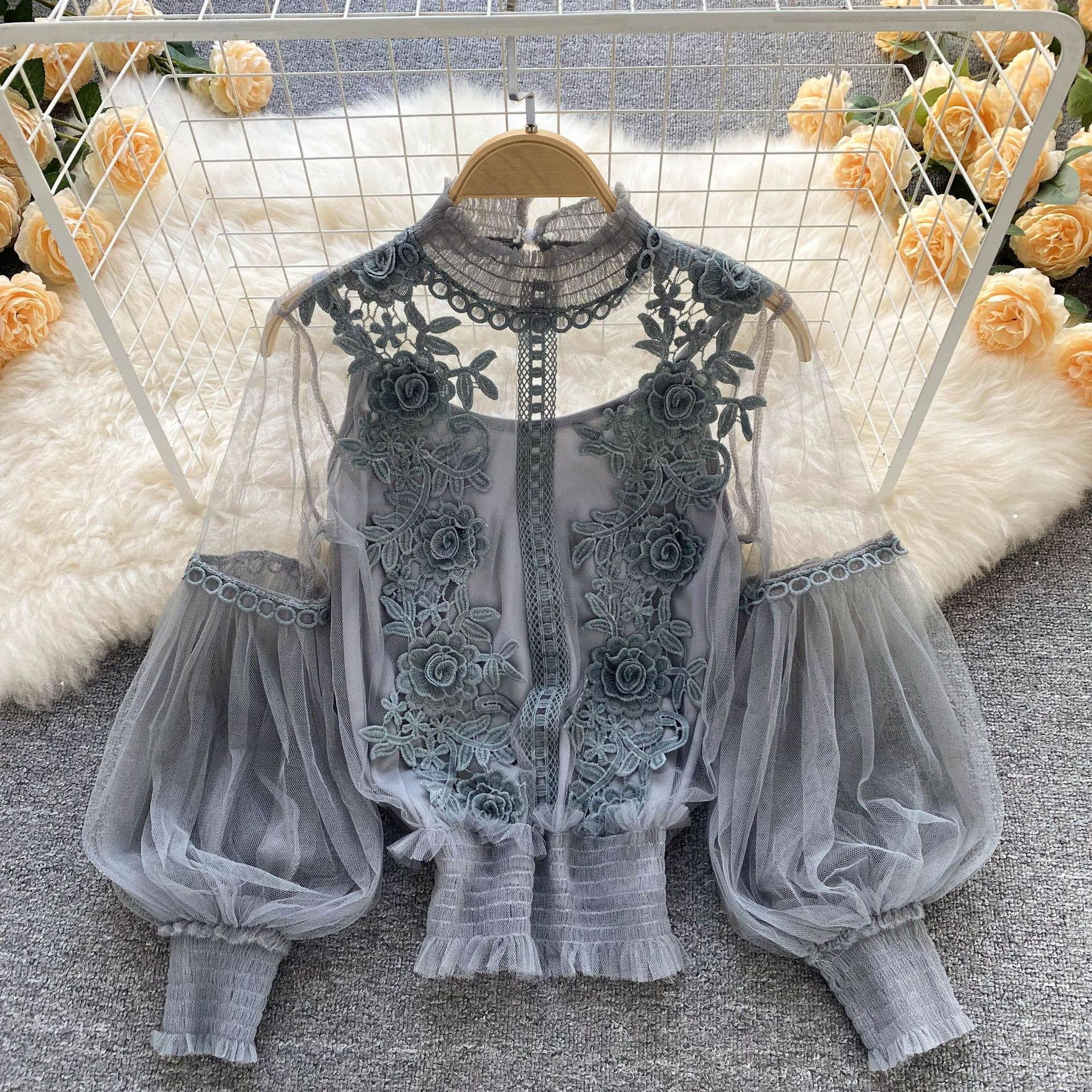 Rosa Clothing - Wholesale Blouse - Women's - Vintage Sheer Balloon Sleeve Floral Mesh 2 Pcs Top 9 Colors1