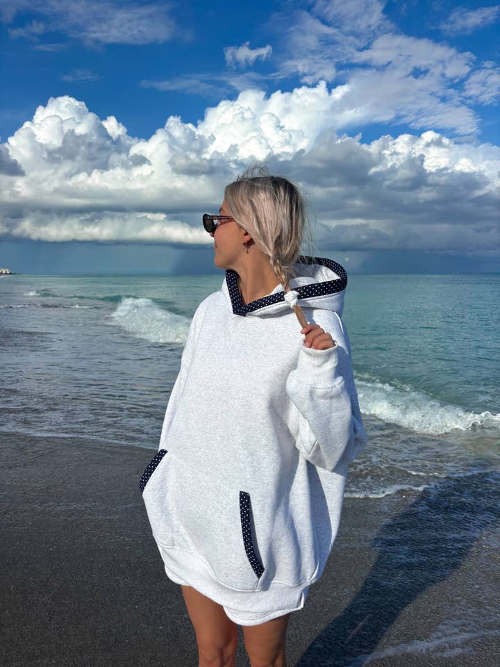 Sunkissed Coconut - Wholesale Hoodie - Women's - Pearl Grey Navy Blue Polka Dot Hoodie16