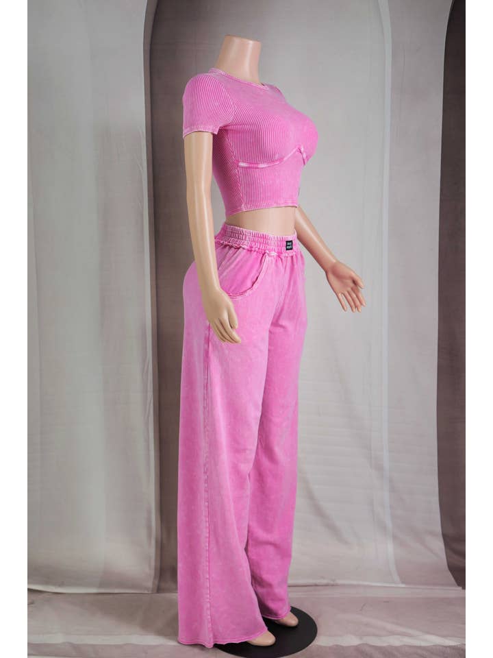 Barbie Pink MINERAL WASH CONTOUR CROPPED TOP & LOUNGE PANT SET for wholesale on Faire2