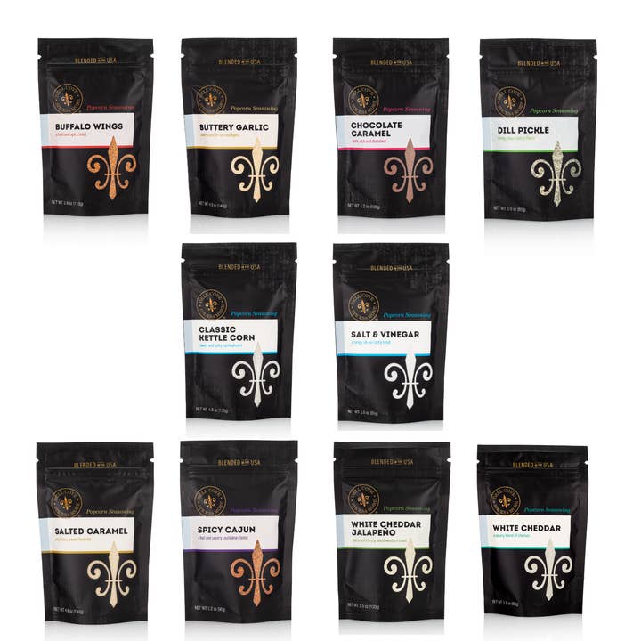 Dell Cove Spices & More Co. - Venta al por mayor Mezclas de especias - Paquete de funda para condimentos de palomitas de maíz de lujo, 10 muestras de mezcla de especias