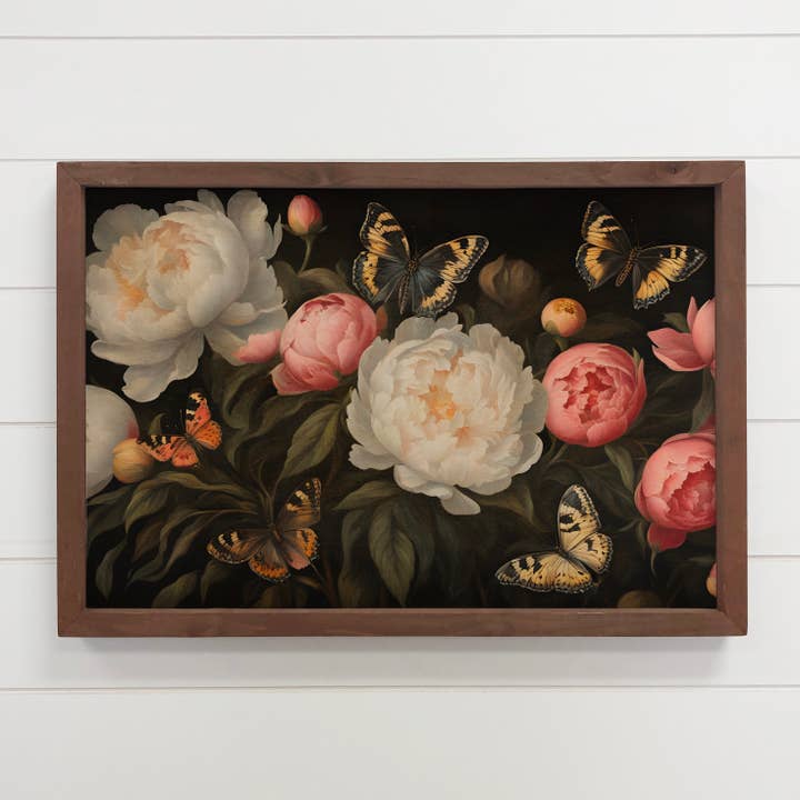 Peonies Borboleta - Nature Canvas Art - Florais Madeira emolduradas por atacado de Hangout Home
