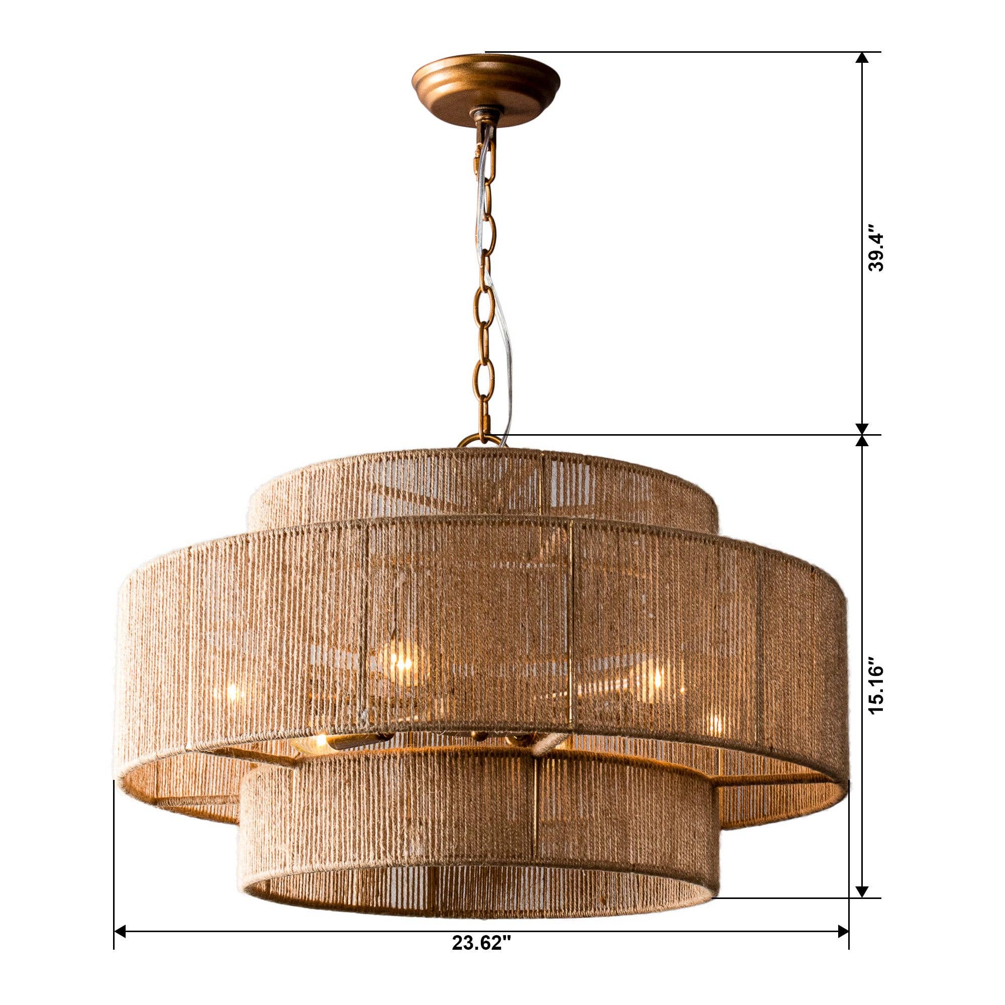 Brio Lighting - Wholesale Chandelier/Hanging Light - Farmhouse Chandelier 24" Gold Metal + Jute 2-Tiered 6-Light14