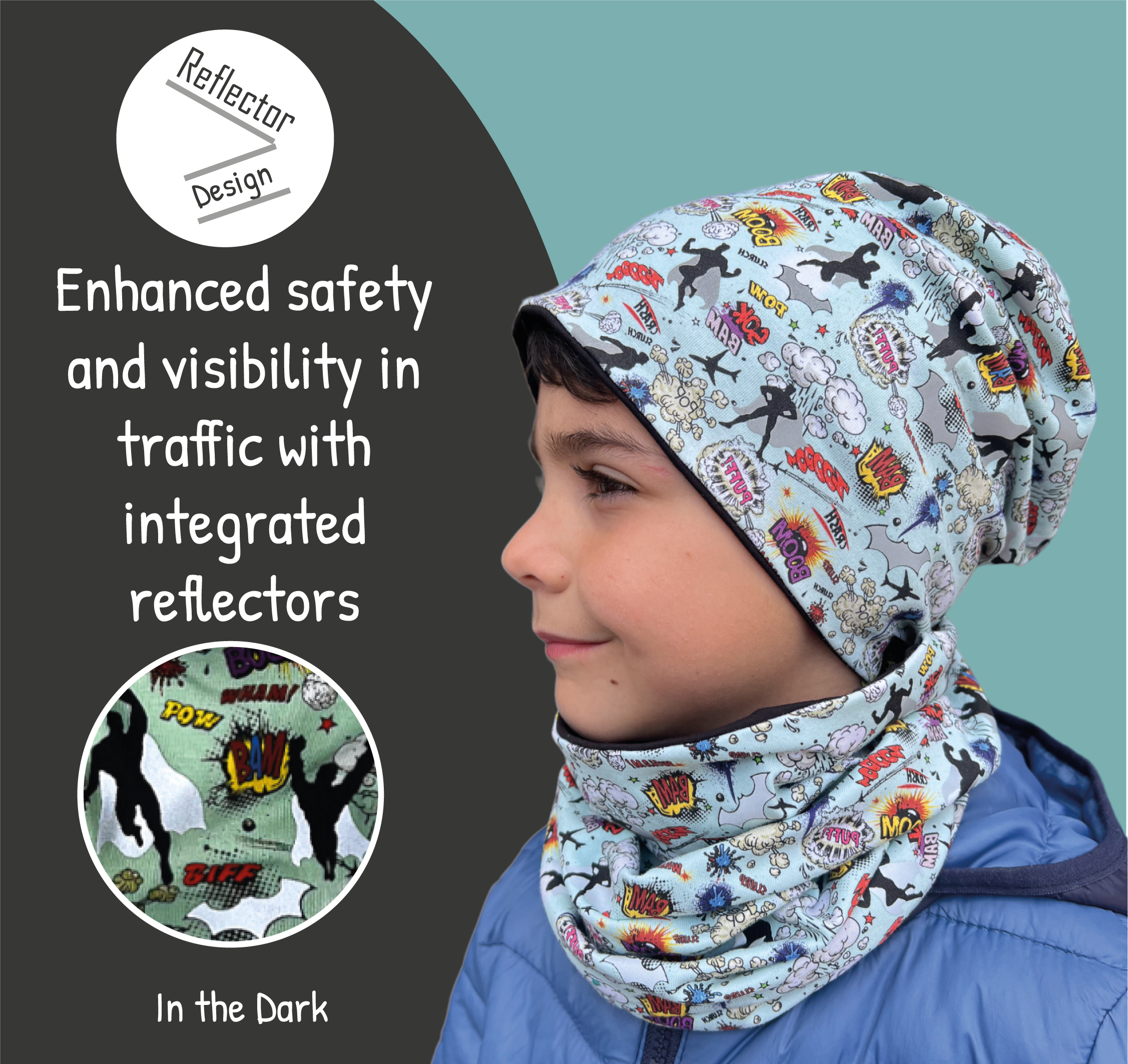 HECKBO – Engroshandel Beanie - Børn – 360° Reflektor Beanie & Loop – Superhelt - Fleece indeni2