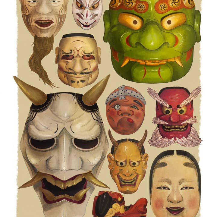 Noh-men – Japanese Masks Postcard for wholesale by Kabujiro
