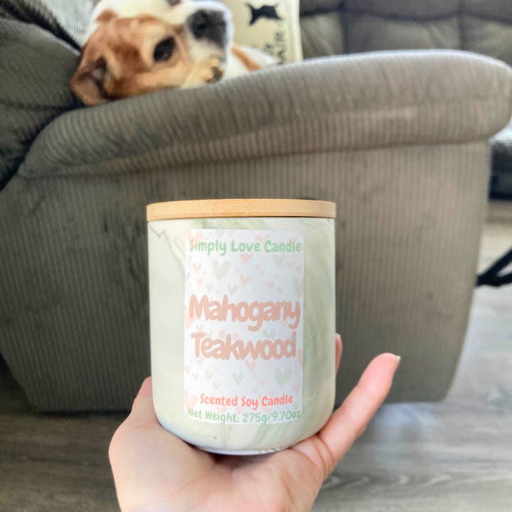 Simply Love Candle - Wholesale Jar/Filled Candle - Mahogany Teakwood 10 oz Marbled Ceramic Candle with lid 1