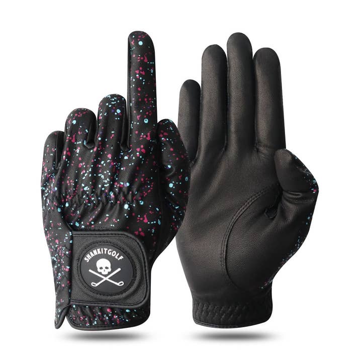 Guanto da golf con schizzi di vernice nera per la vendita all'ingrosso da parte di Shank It Golf