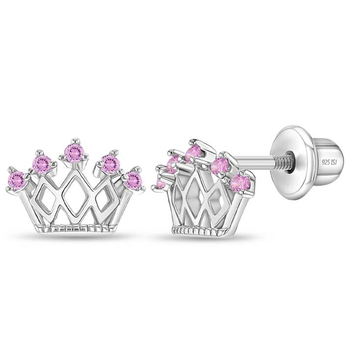 In Season Jewelry - Wholesale Earrings - Kids - 5 Point CZ Crown Baby / Toddler Earrings - Sterling Silver5