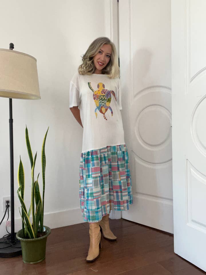 JJ Upcycled T-shirt Dress, White/Turq for wholesale by KINdom