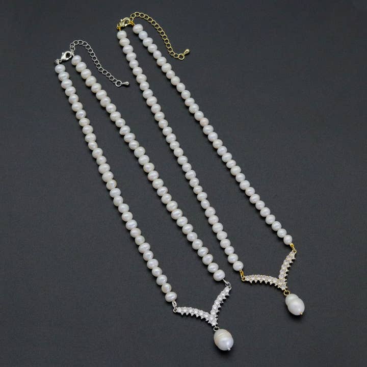 BestBeads&Beyond - Wholesale Beaded/Pearl Necklace - Freshwater Pearl with chevron point Necklace, sku# EF561