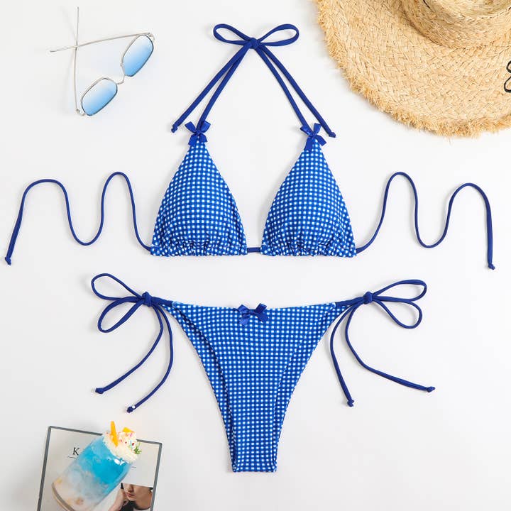 HIDDENBRAND - Wholesale Two Piece Swimsuit - Women's - Check Bow Sexy Split Bikini Swimsuit1