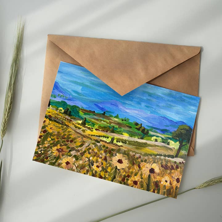 Carte de vœux Nature, Design de peinture à l'huile Champ de tournesols pour la vente par Deking Art