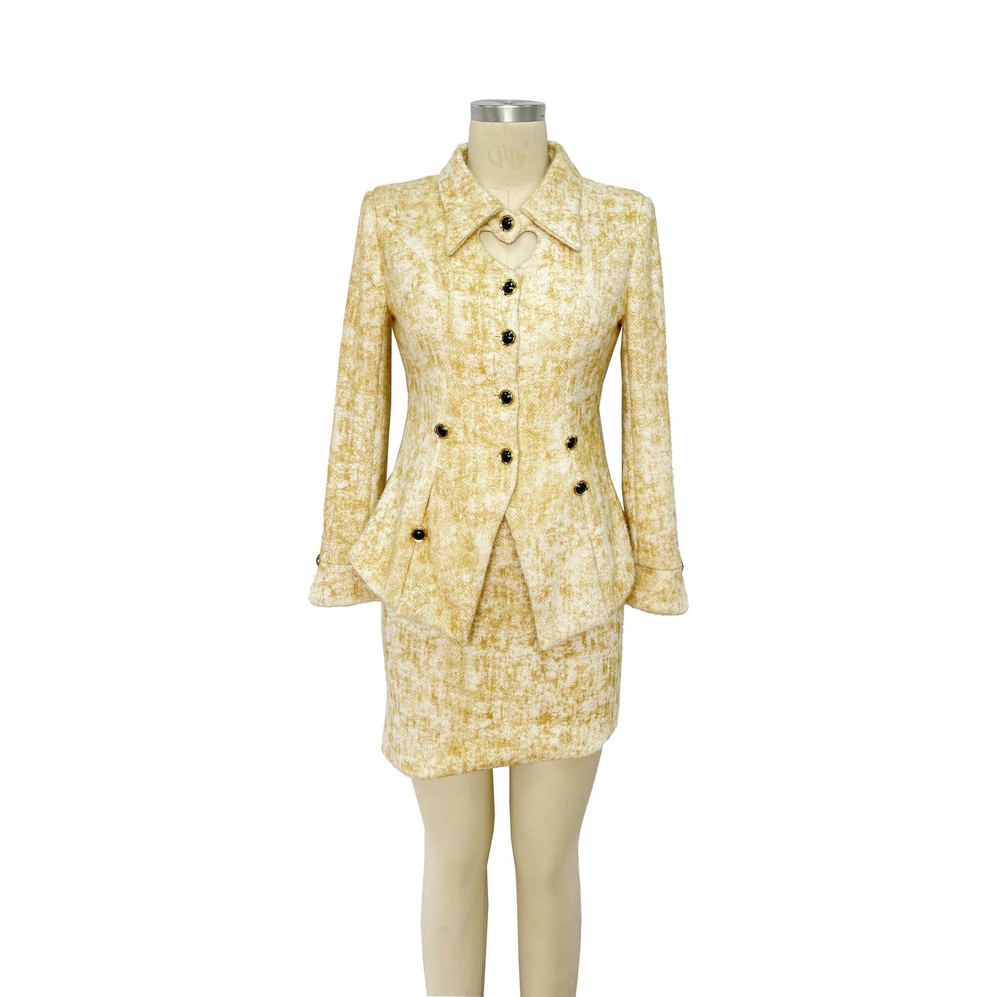 YELLOW X9542CS Tweed Blazer Skirt Set for wholesale on Faire6