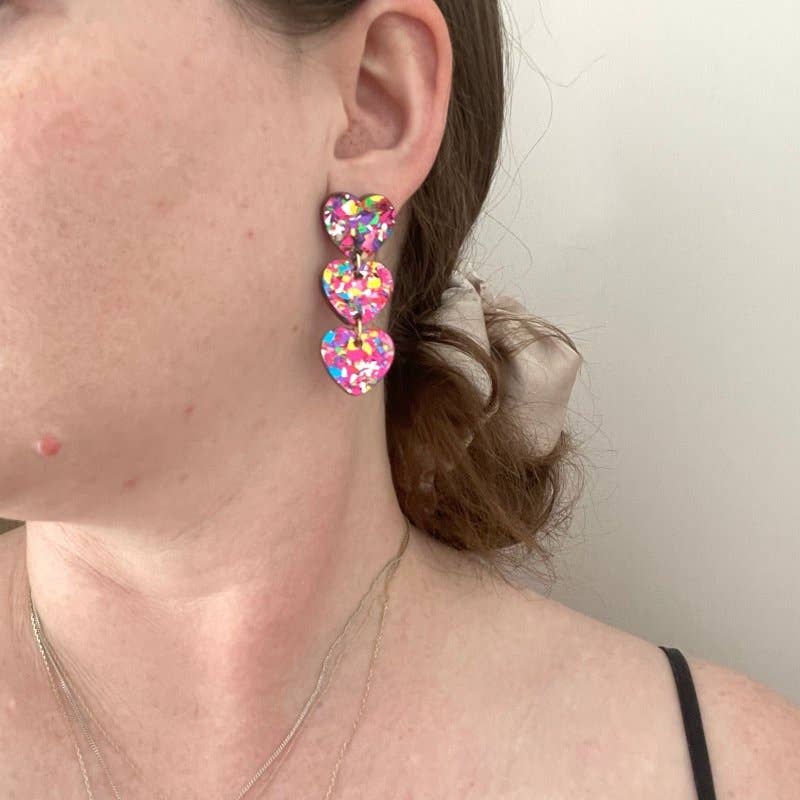 Girlfetti - Wholesale Dangle Earrings - Triple Heart Acrylic Dangle Earrings8