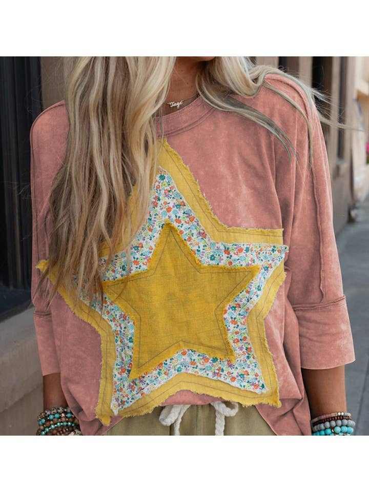 ROSE PINK Floral Starbust Exposed Seam Mineral Wash Top for wholesale on Faire