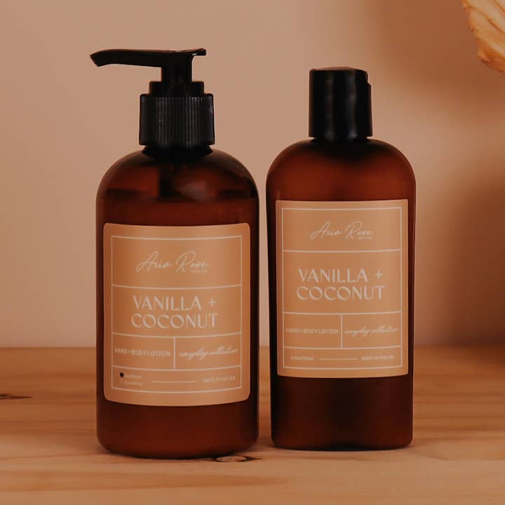 Vanilla + Coconut Hand + Body Lotion for wholesale by Aria Rose Bath Co