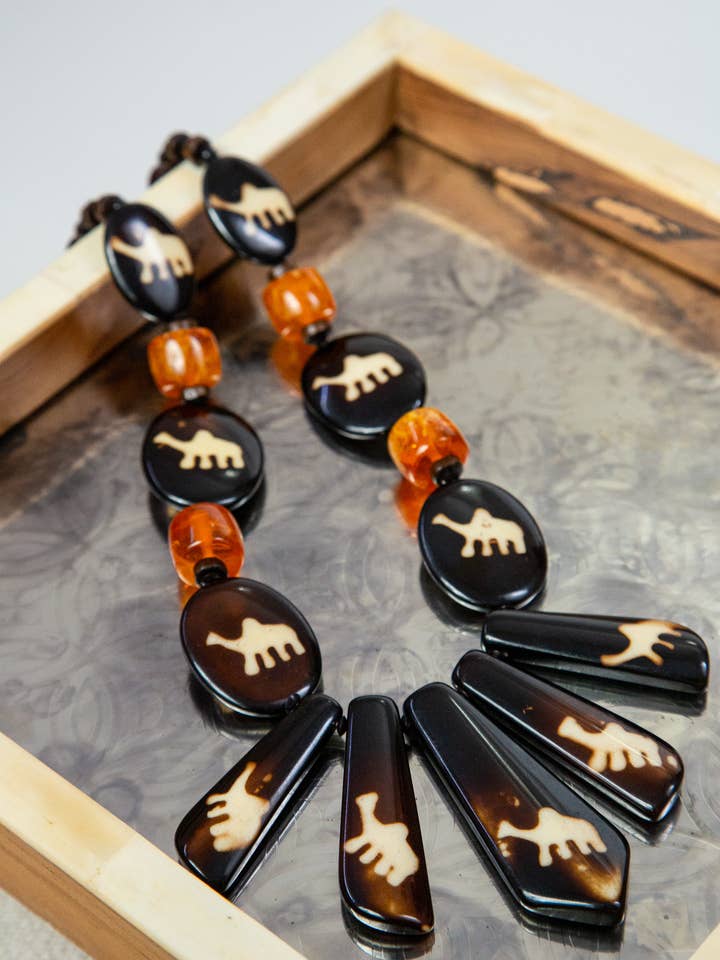 Handmade Tribal Neckpiece – Black & Camel Printed Necklace for wholesale by ANJI