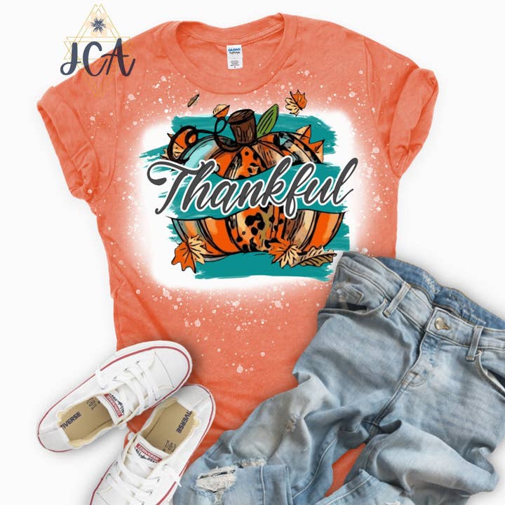 Thankful Pumpkin Shirt, Fall bleached Shirt for wholesale by Jocelyn's Comfy Apparel